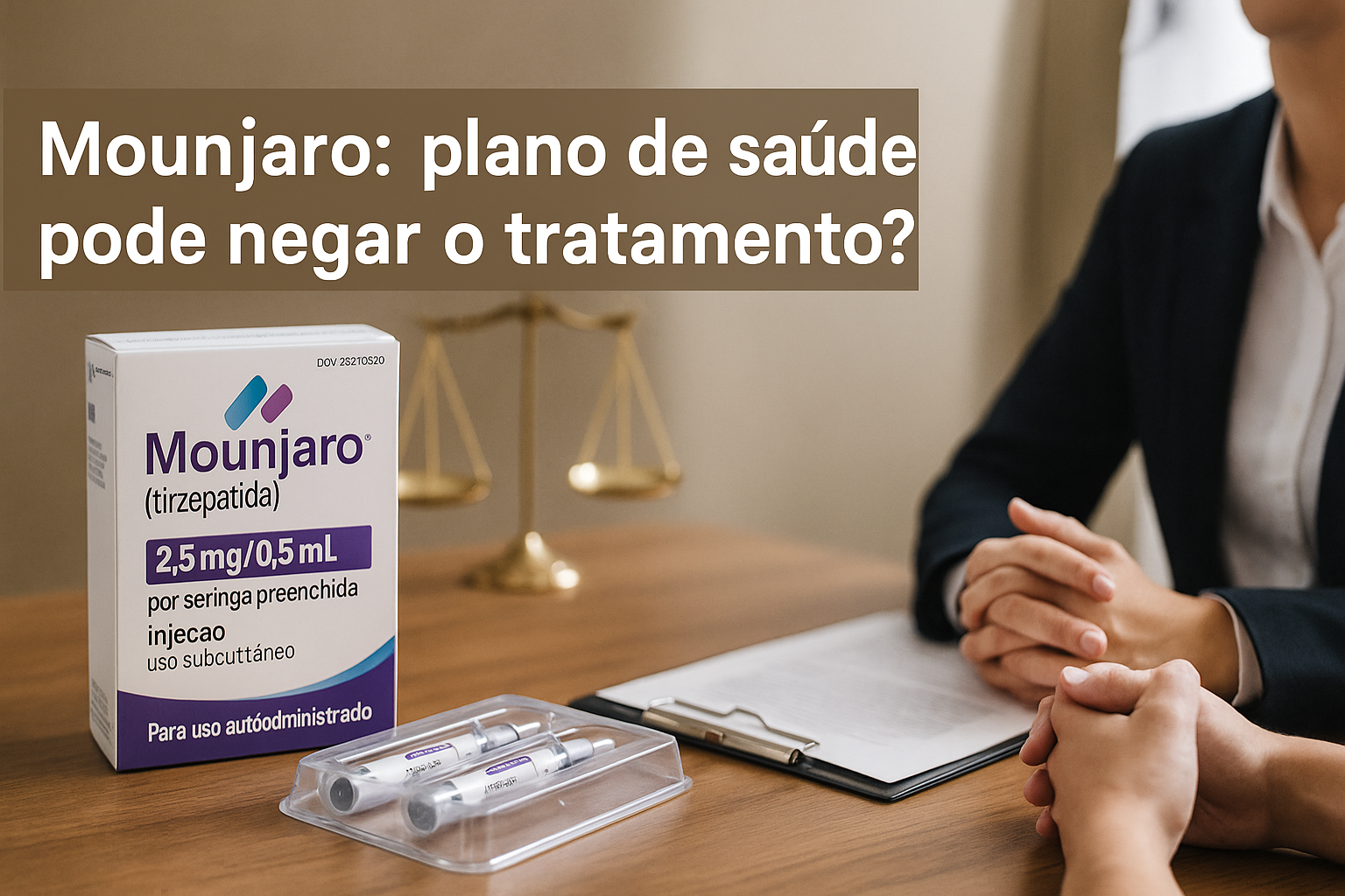Mounjaro: Plano de Saúde pode negar tratamento? Na iamgem temos esta frase acima e a caixa do Mounjaro com elementos da advocacia ao lado